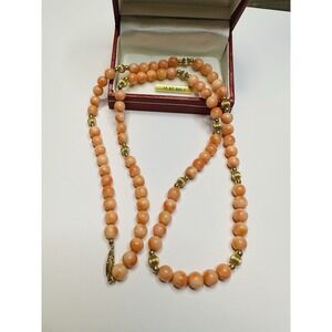 Vintage 14K Yellow Gold 24" Necklace with Pink Coral & 6mm Gold Beads